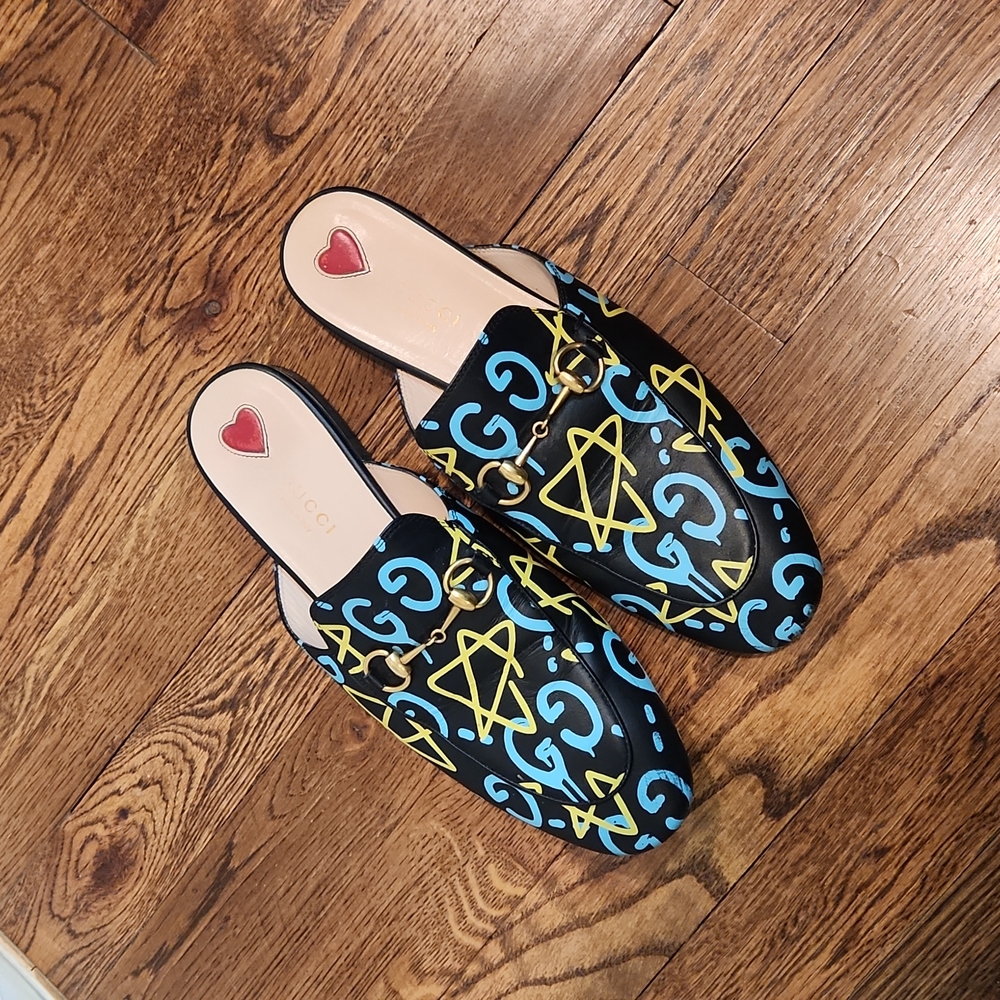 Gucci Black Leather Ghost Print Princetown Horsebit Flat Mules 38
